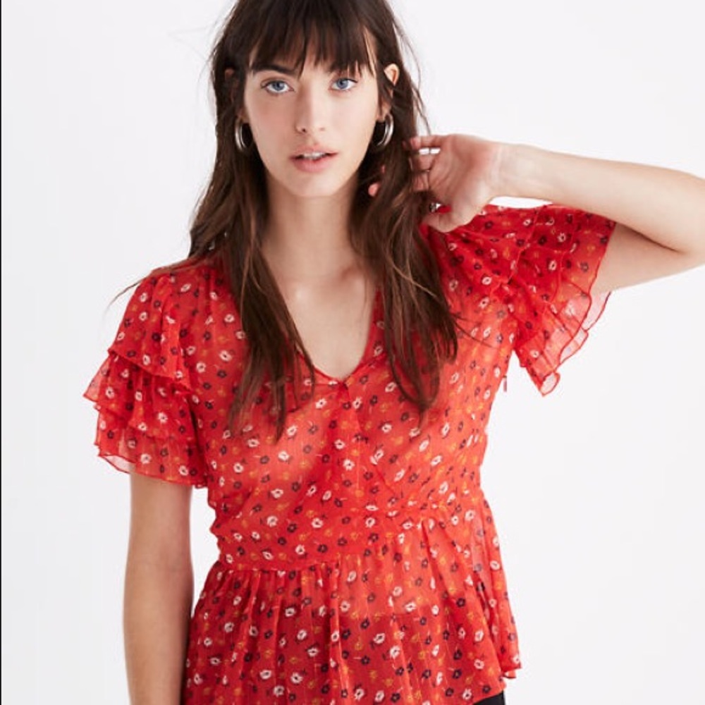 New Madewell red floral top with ruffle sleeves